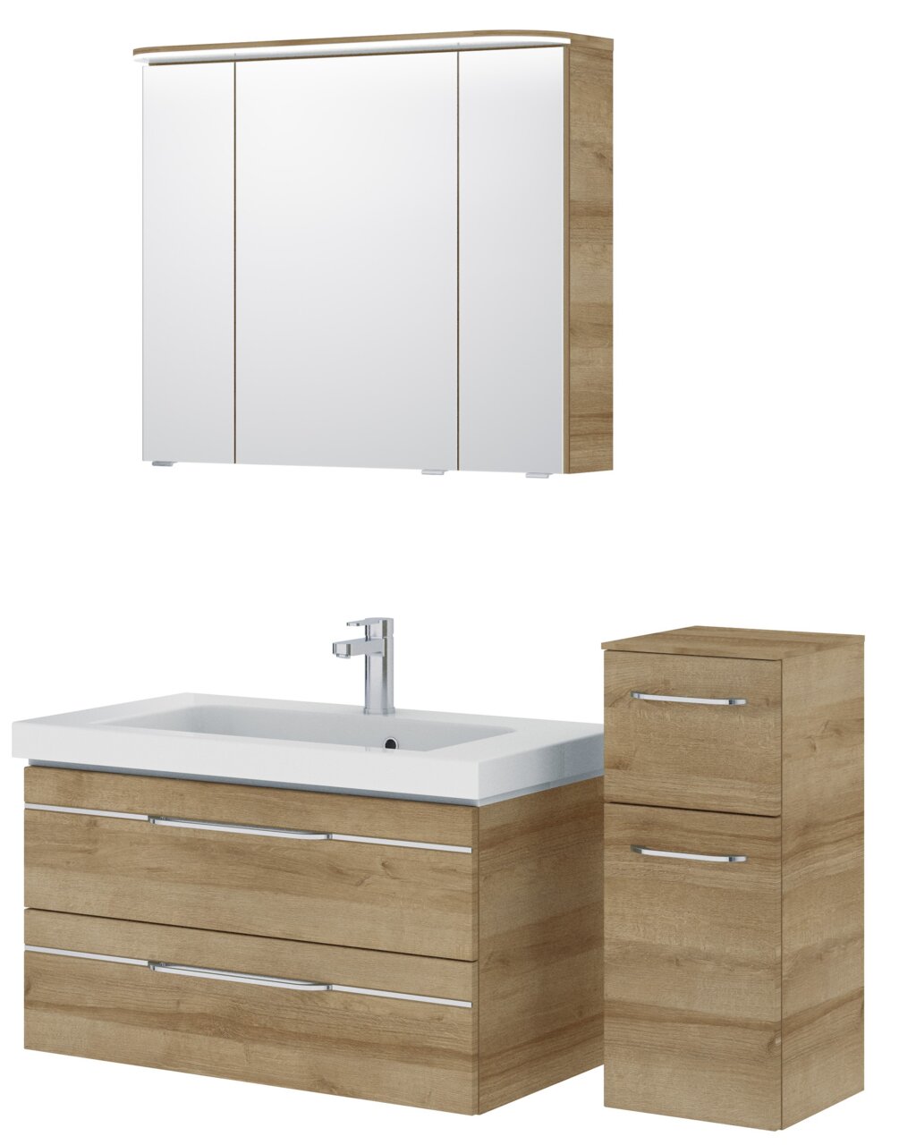 Pelipal Badblok BALTO SPRINT Badezimmermöbel-Set mit Spiegelschrank, Waschbeckenunterschrank und Hochschrank in Holzoptik, Frontalansicht