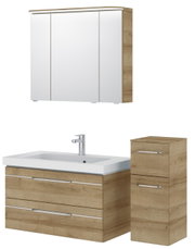 Badezimmermöbel-Set mit Spiegelschrank, Waschbeckenunterschrank und Hochschrank in Holzoptik, Frontalansicht