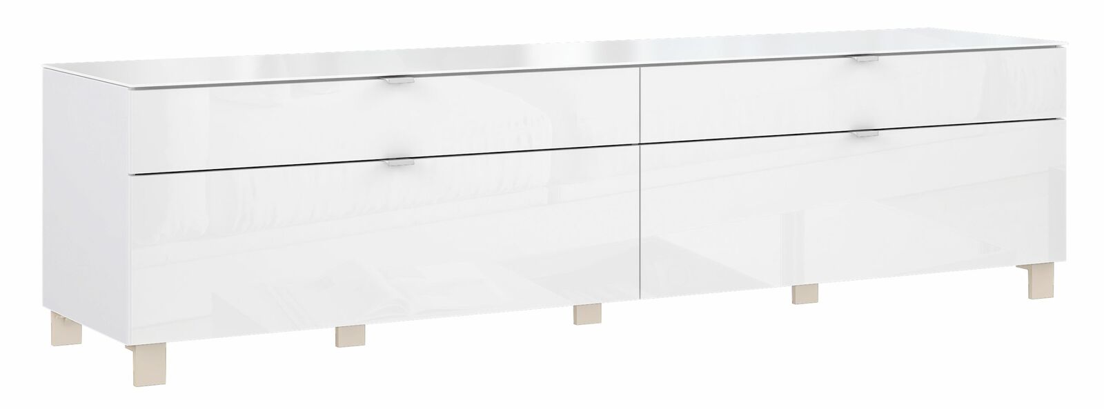 Weißes TV-Lowboard mit vier Schubladen, moderne Optik, seitliche Perspektive