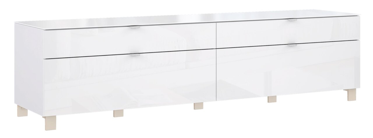 Weißes TV-Lowboard mit vier Schubladen, moderne Optik, seitliche Perspektive