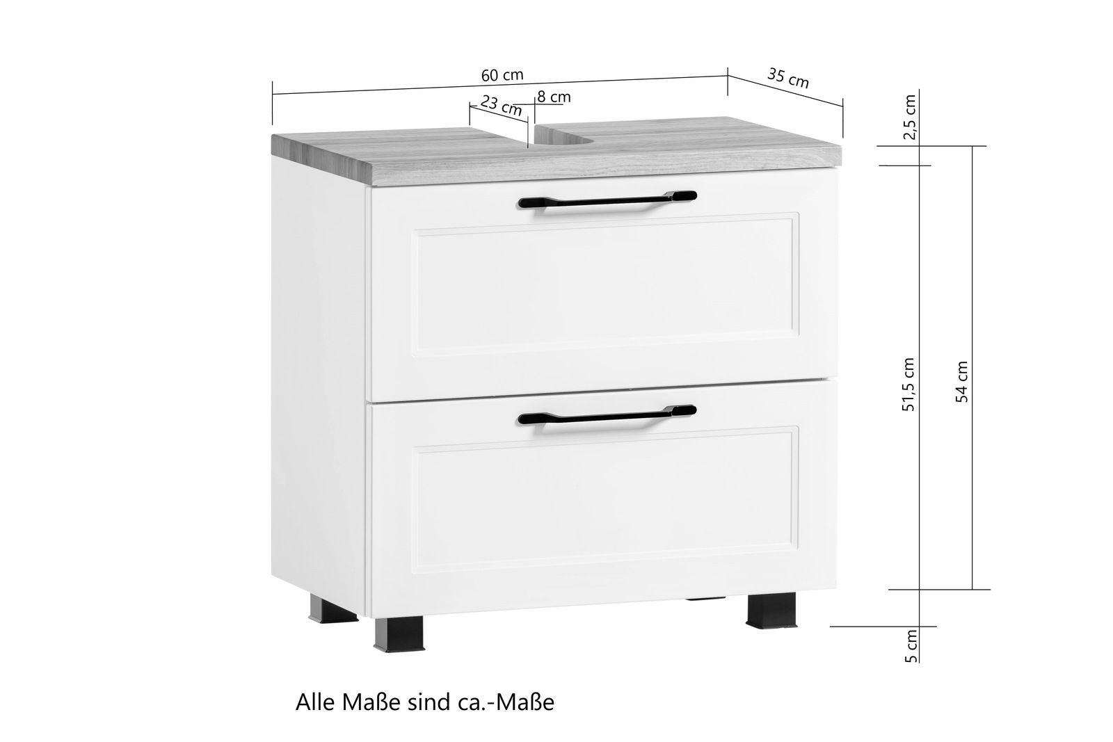 Weißer Waschbeckenunterschrank mit zwei Schubladen und schwarzen Griffen, seitliche Perspektive, Maße: 60 cm Breite, 35 cm Tiefe, 54 cm Höhe.