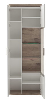 Kombi-Vitrine mit offenen Türen, zeigt mehrere Regalfächer und eine Glasvitrine, Frontansicht.