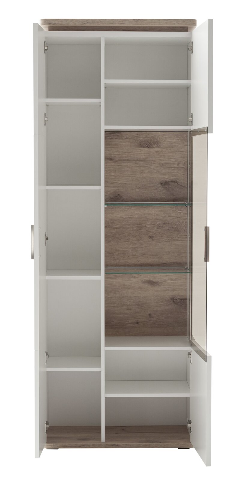 Kombi-Vitrine mit offenen Türen, zeigt mehrere Regalfächer und eine Glasvitrine, Frontansicht.
