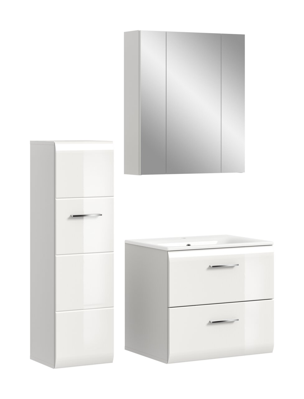 Weißes Badezimmermöbel-Set in Frontansicht mit leicht seitlicher Perspektive: Spiegelschrank, Waschtischunterschrank mit Waschbecken und Hochschrank, jeweils mit chromfarbenen Griffen.