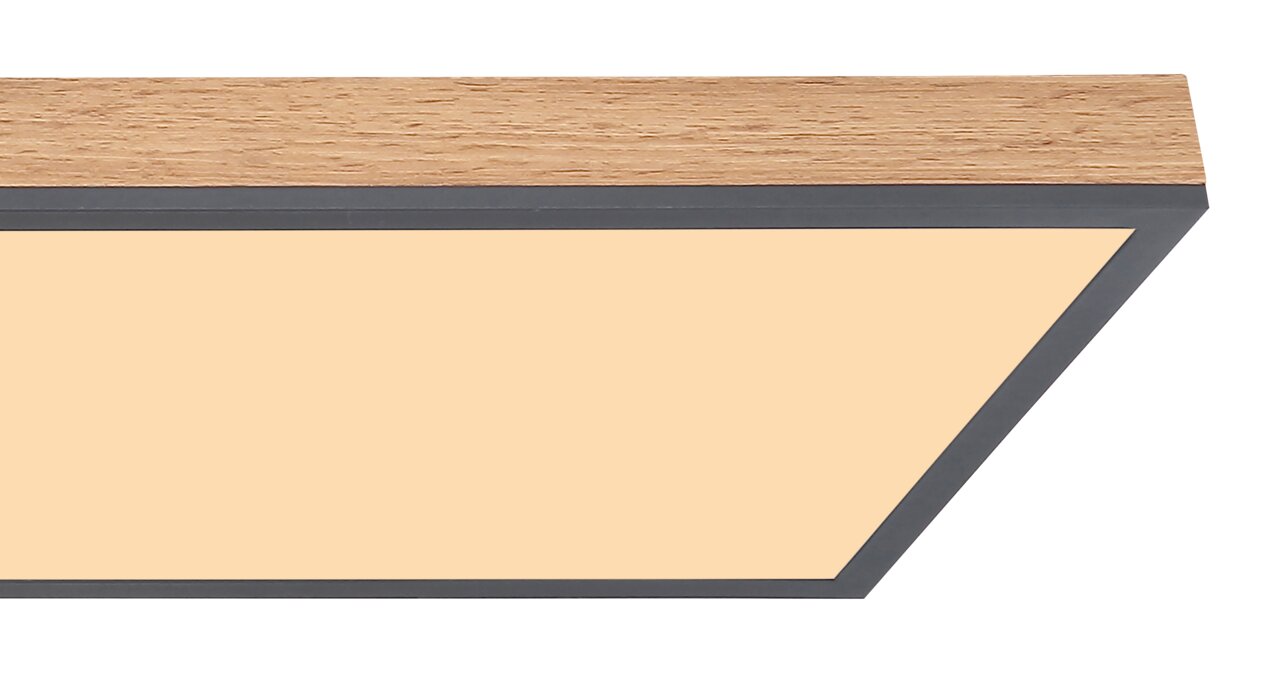 Moderne Deckenleuchte mit Holzrahmen und schwarzem Rand, seitliche Perspektive