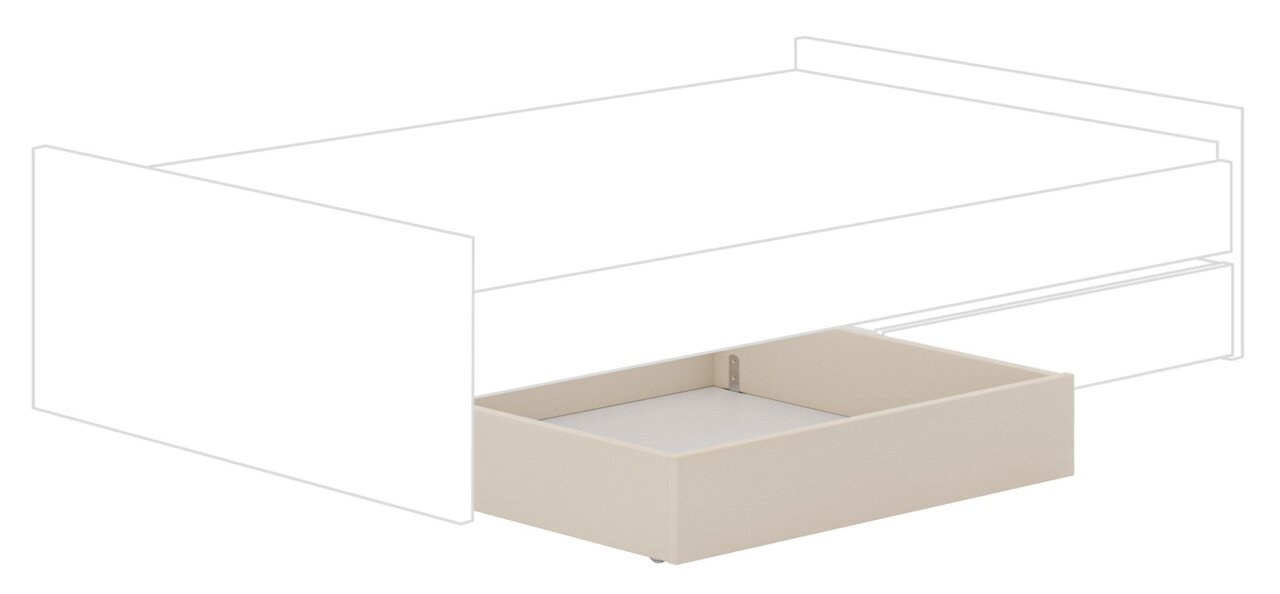 Bettkasten schmal in beige, perspektivisch von der Seite gezeigt, teilweise unter einem Bettgestell hervorgezogen.