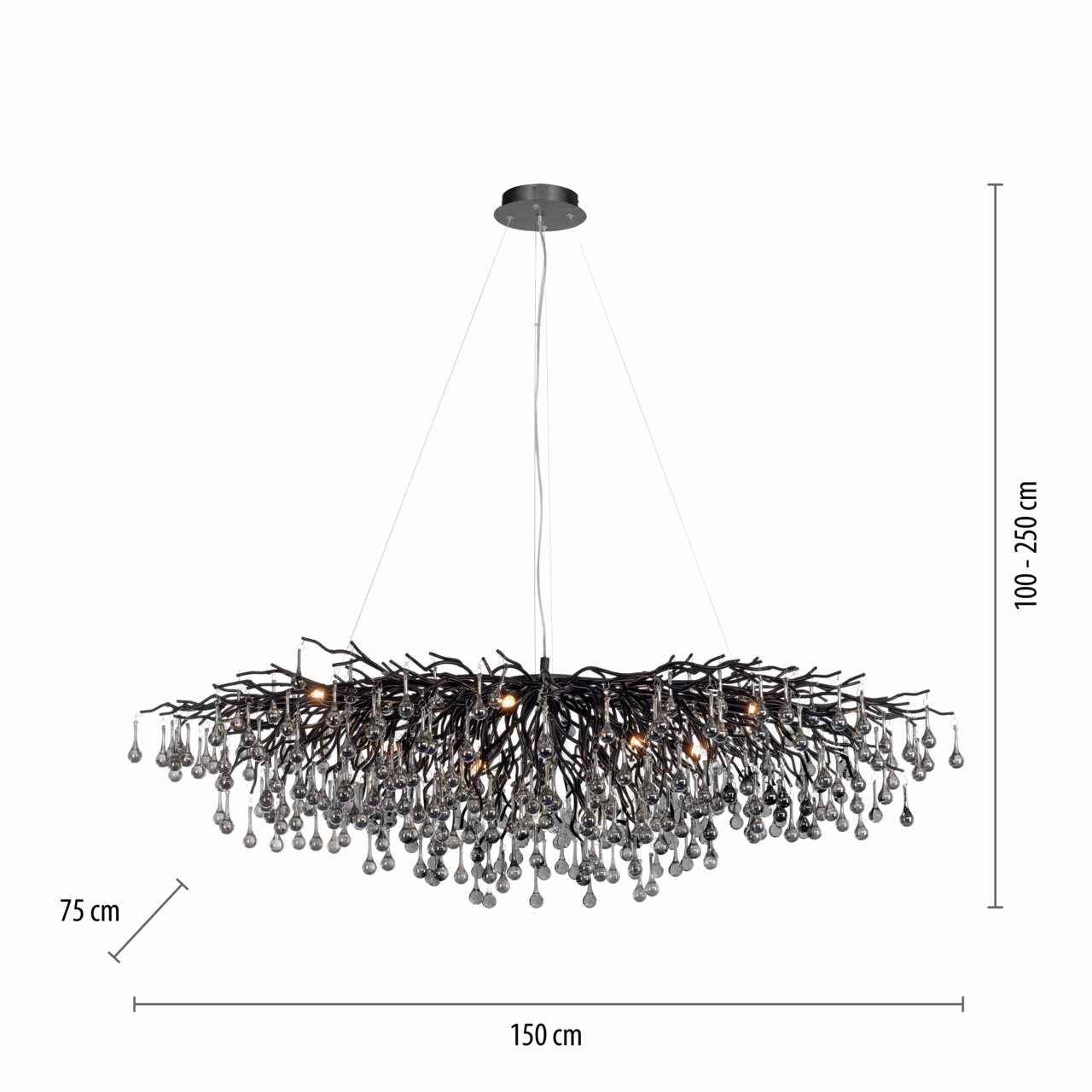 Kronleuchter ICICLE mit verzweigten Strukturen und hängenden Kristallen, seitliche Perspektive