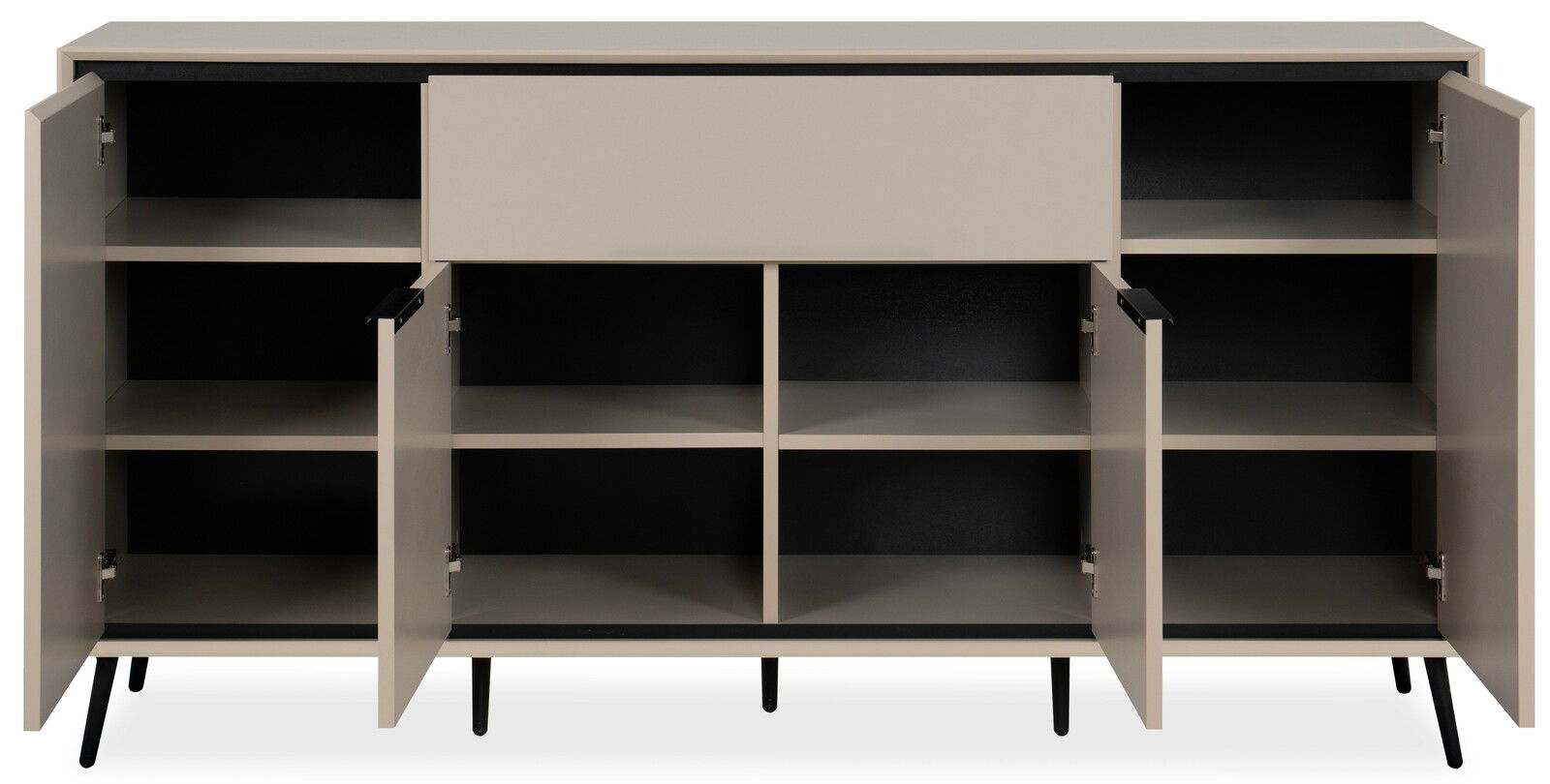 Frontale Ansicht eines Sideboards mit offenen Türen und Fächern, modernes Design in neutralen Farben.