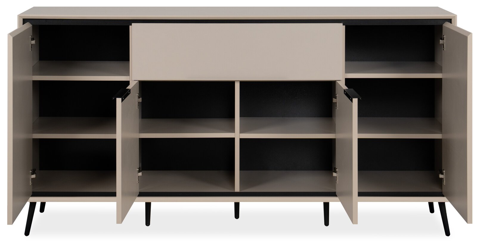 Frontale Ansicht eines Sideboards mit offenen Türen und Fächern, modernes Design in neutralen Farben.