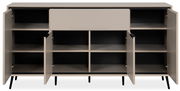 Frontale Ansicht eines Sideboards mit offenen Türen und Fächern, modernes Design in neutralen Farben.
