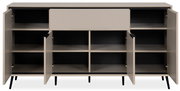 Frontale Ansicht eines Sideboards mit offenen Türen und Fächern, modernes Design in neutralen Farben.