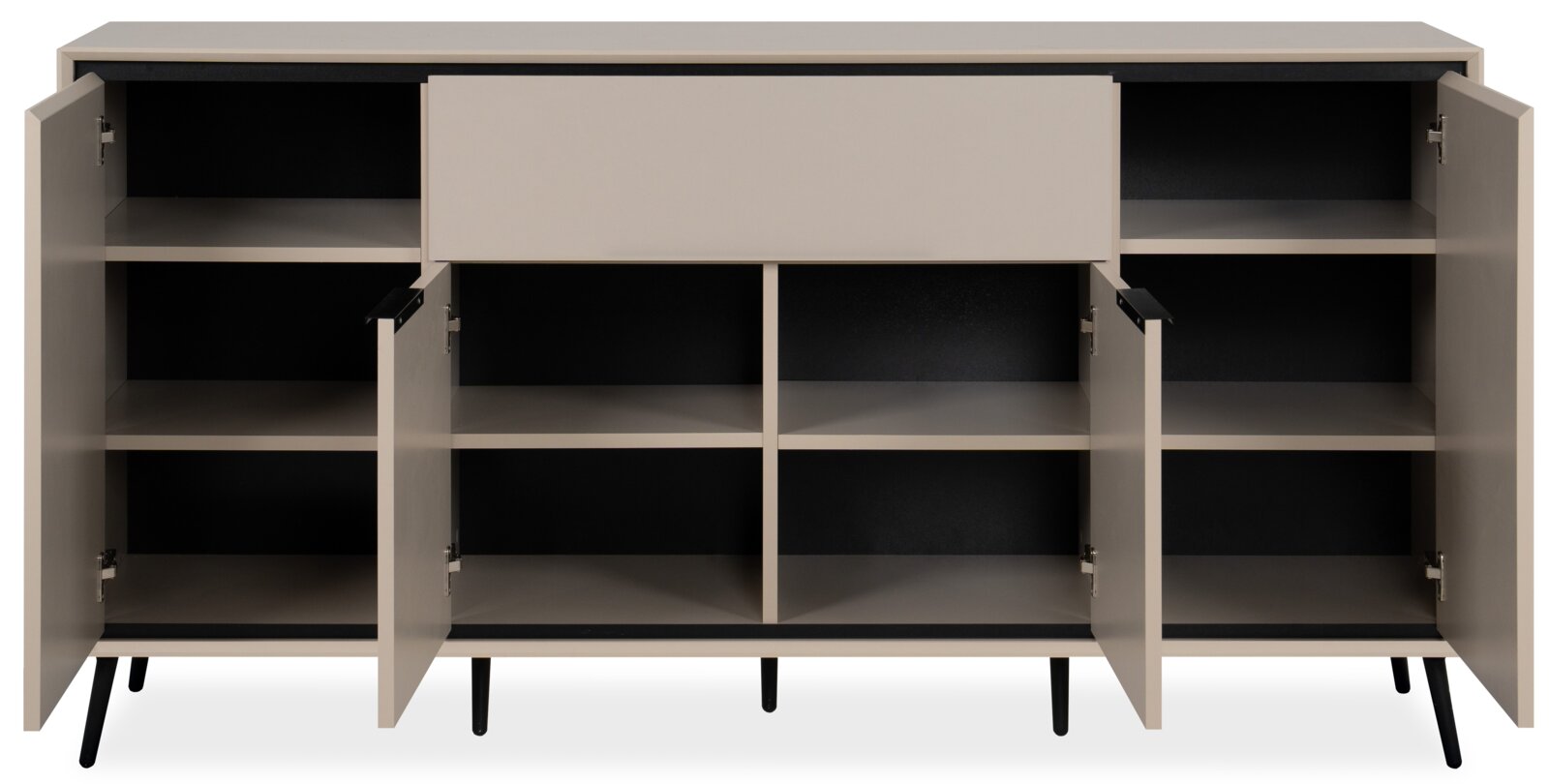 Vooraanzicht van een dressoir met open deuren en vakken, modern ontwerp in neutrale kleuren.