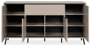 Vooraanzicht van een dressoir met open deuren en vakken, modern ontwerp in neutrale kleuren.