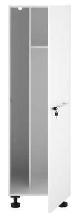 Weißer, schmaler Haushaltschrank mit offener Tür, seitlicher Perspektive, zeigt Innenfächer und Schlüssel im Schloss.