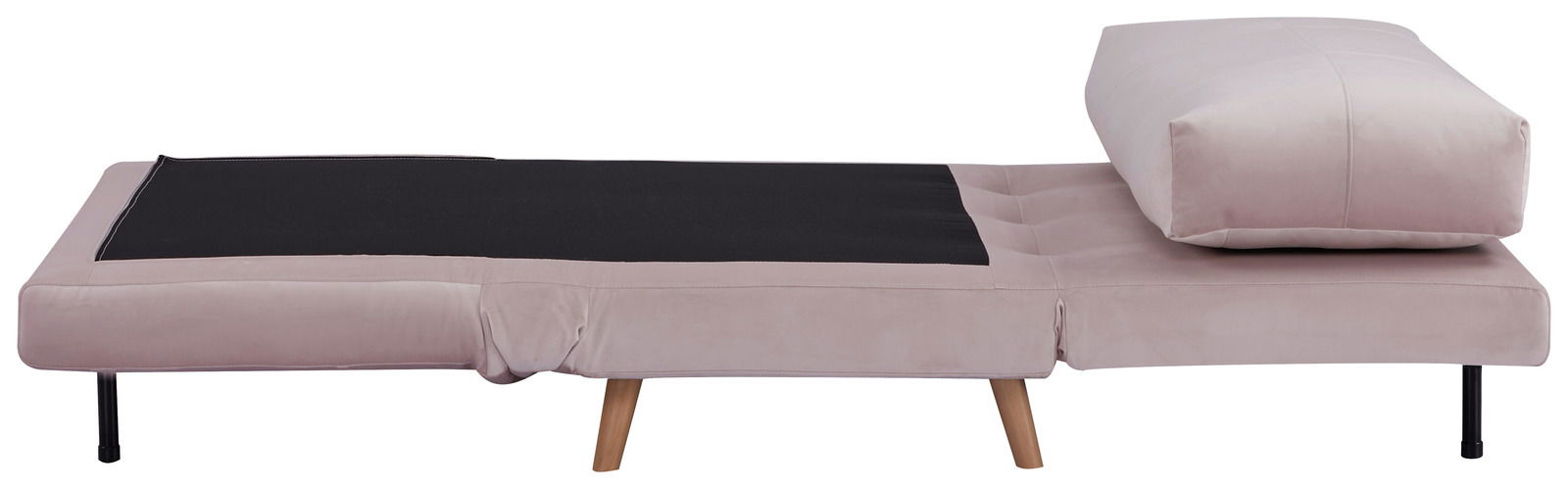 Funktionssessel in Liegeposition, seitliche Perspektive, mit hellrosa Polsterung und schwarzen sowie holzfarbenen Beinen.