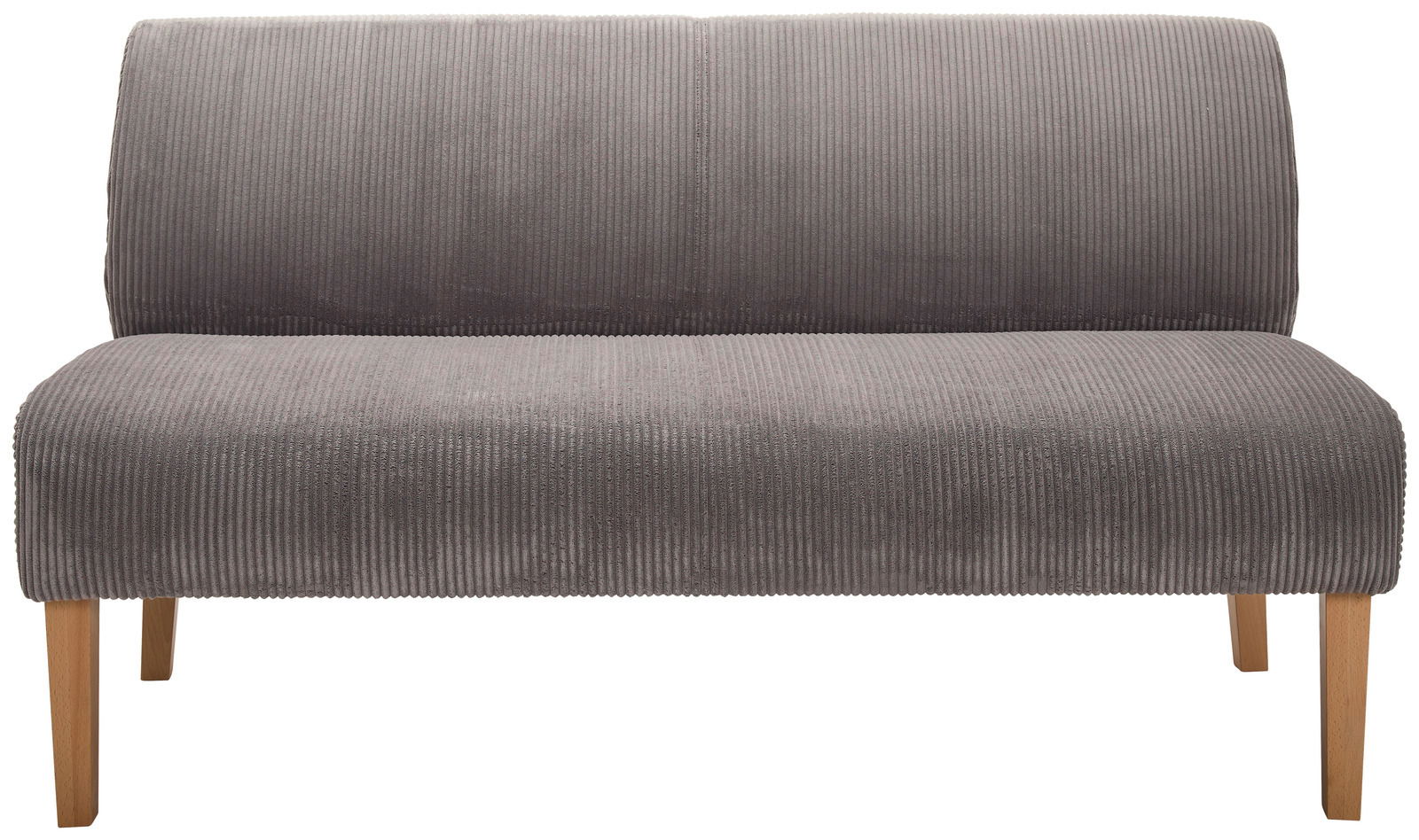 Graue Sitzbank mit Holzbeinen, Vorderansicht