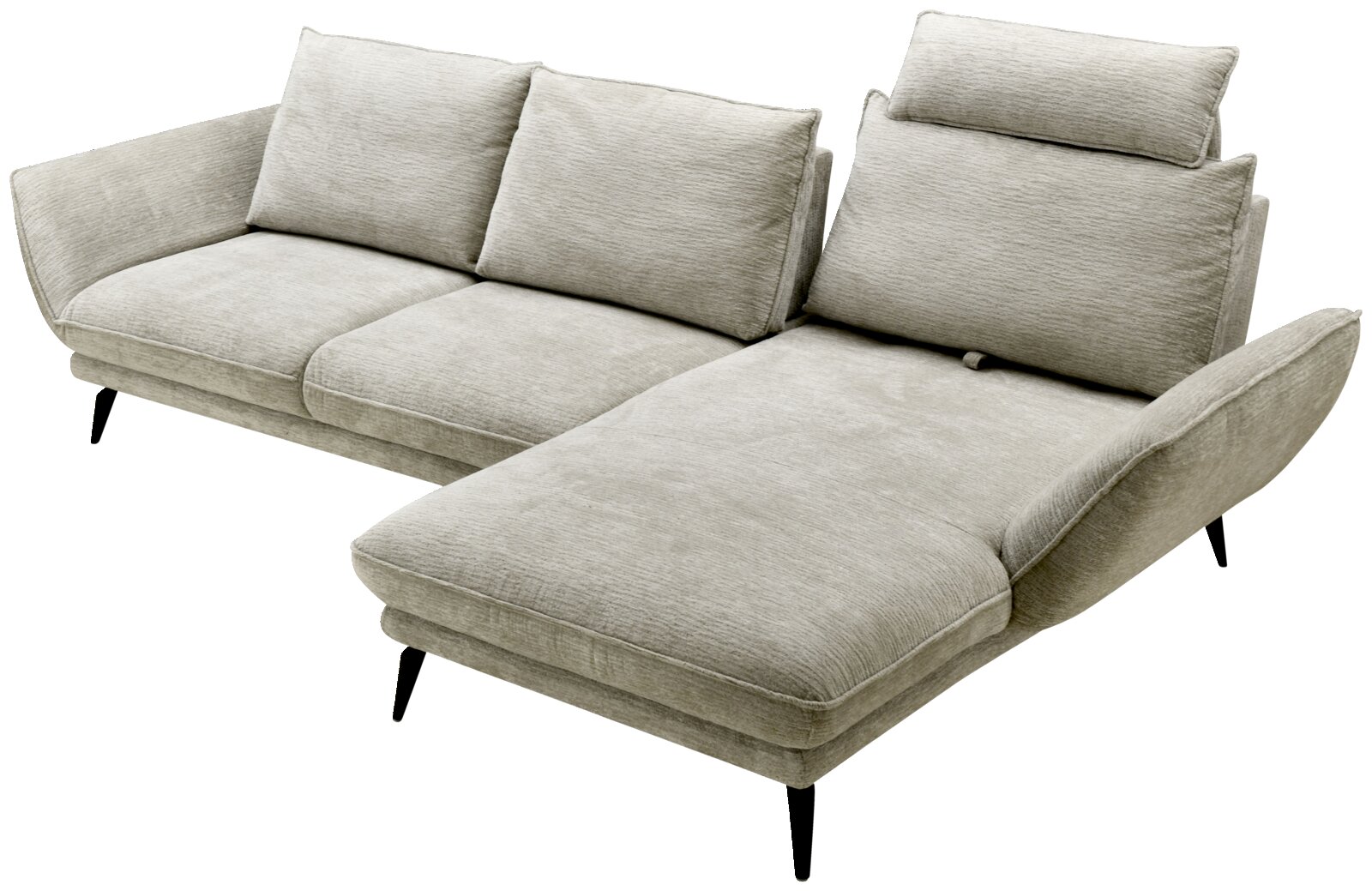 Beige ligstoelcombinatie met twee zitplaatsen en een verlengd liggedeel, zijaanzicht