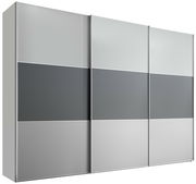 Moderner Schwebetürenschrank mit grauen und silbernen Paneelen, Frontalansicht