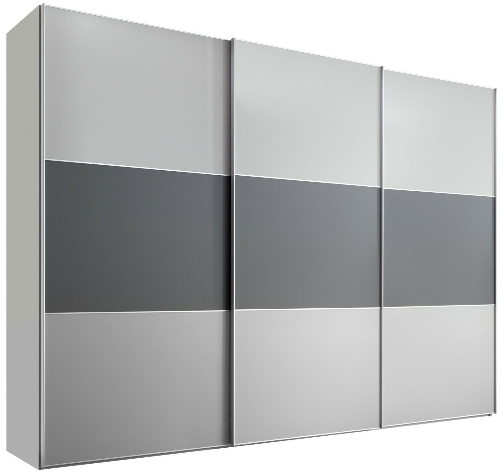 Moderner Schwebetürenschrank mit grauen und silbernen Paneelen, Frontalansicht