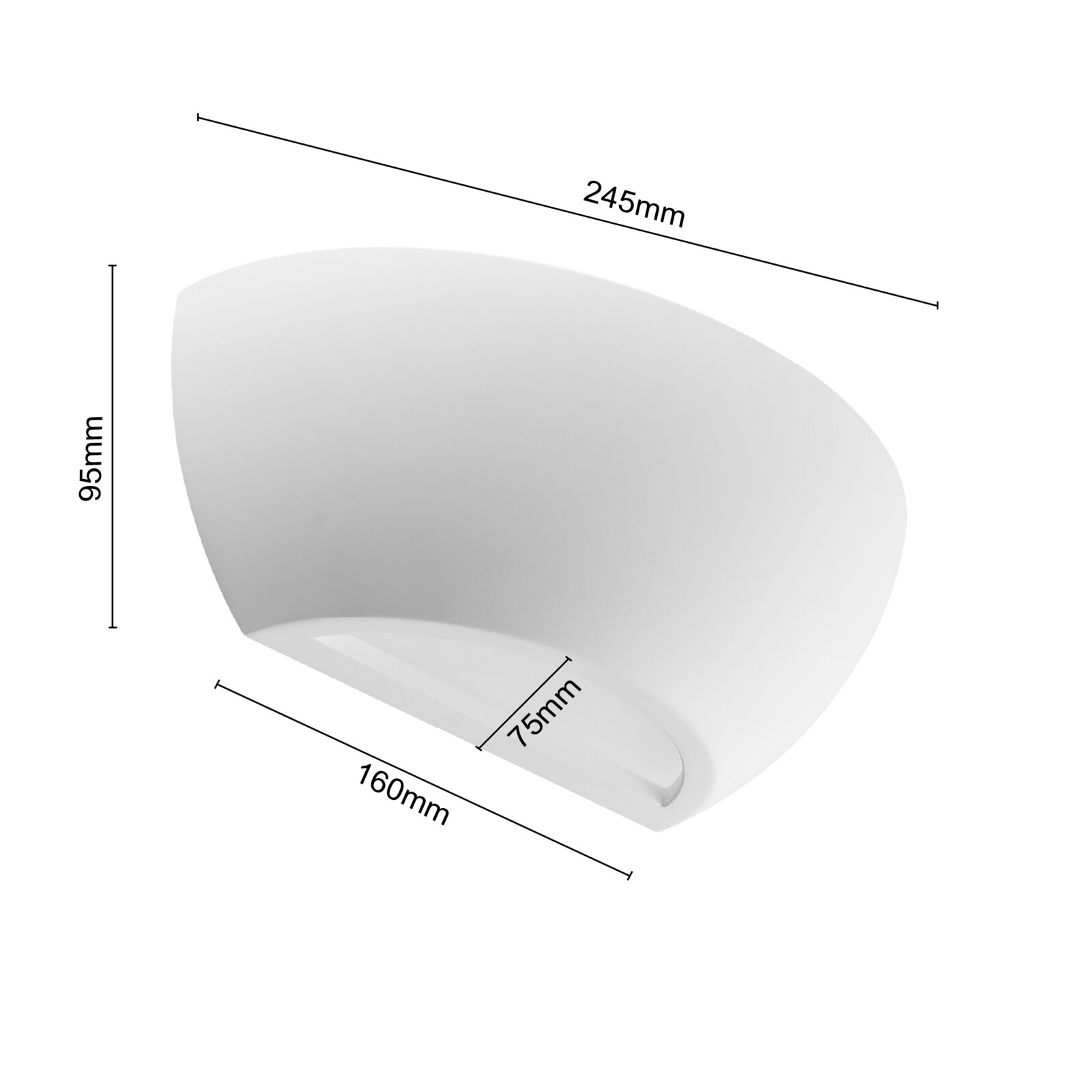 Moderne weiße Wandleuchte in halbrunder Form, seitliche Perspektive mit Abmessungen 245mm x 160mm x 95mm.