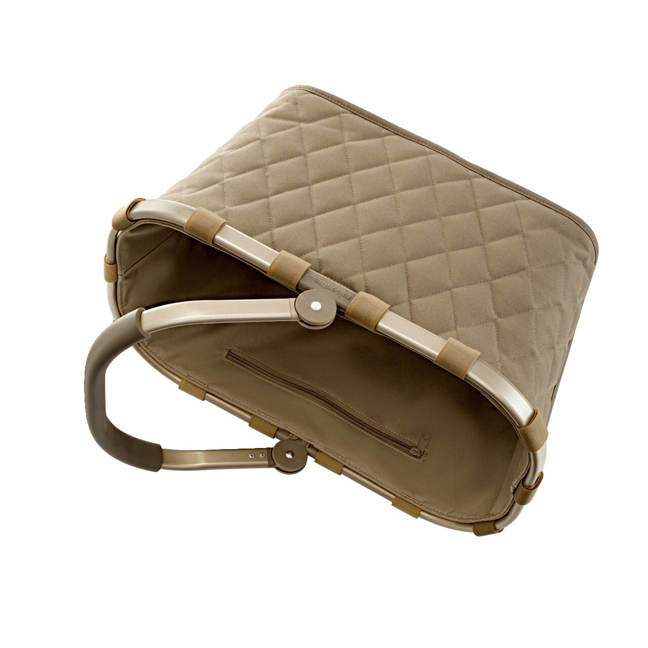 Carrybag Rhombus Olive aus schräger Perspektive, zeigt die Innenseite mit Reißverschluss und den stabilen Aluminiumrahmen.