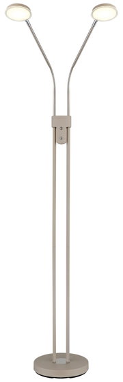 Moderne LED-Stehleuchte in Beige mit zwei flexiblen, verstellbaren Leuchtenköpfen auf rundem Standfuß, frontale Produktansicht