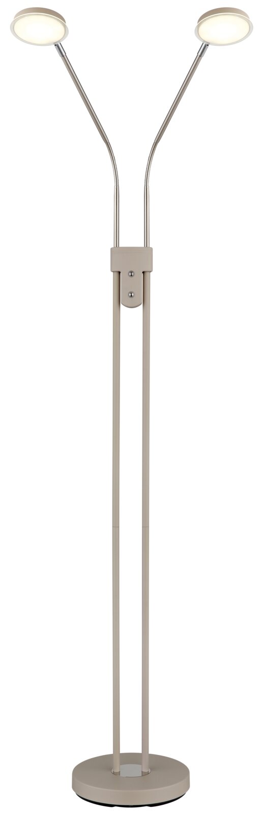 Moderne LED-Stehleuchte in Beige mit zwei flexiblen, verstellbaren Leuchtenköpfen auf rundem Standfuß, frontale Produktansicht