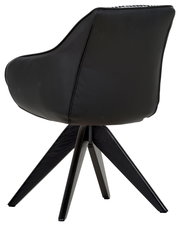 Rückansicht eines schwarzen Armlehnstuhls mit vier Holzbeinen