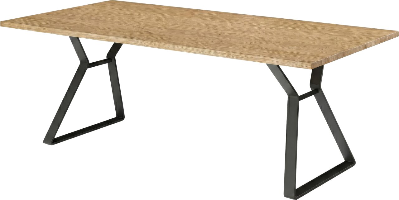 Moderne eettafel met houten blad en zwarte metalen poten, zijaanzicht