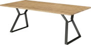 Moderne eettafel met houten blad en zwarte metalen poten, zijaanzicht
