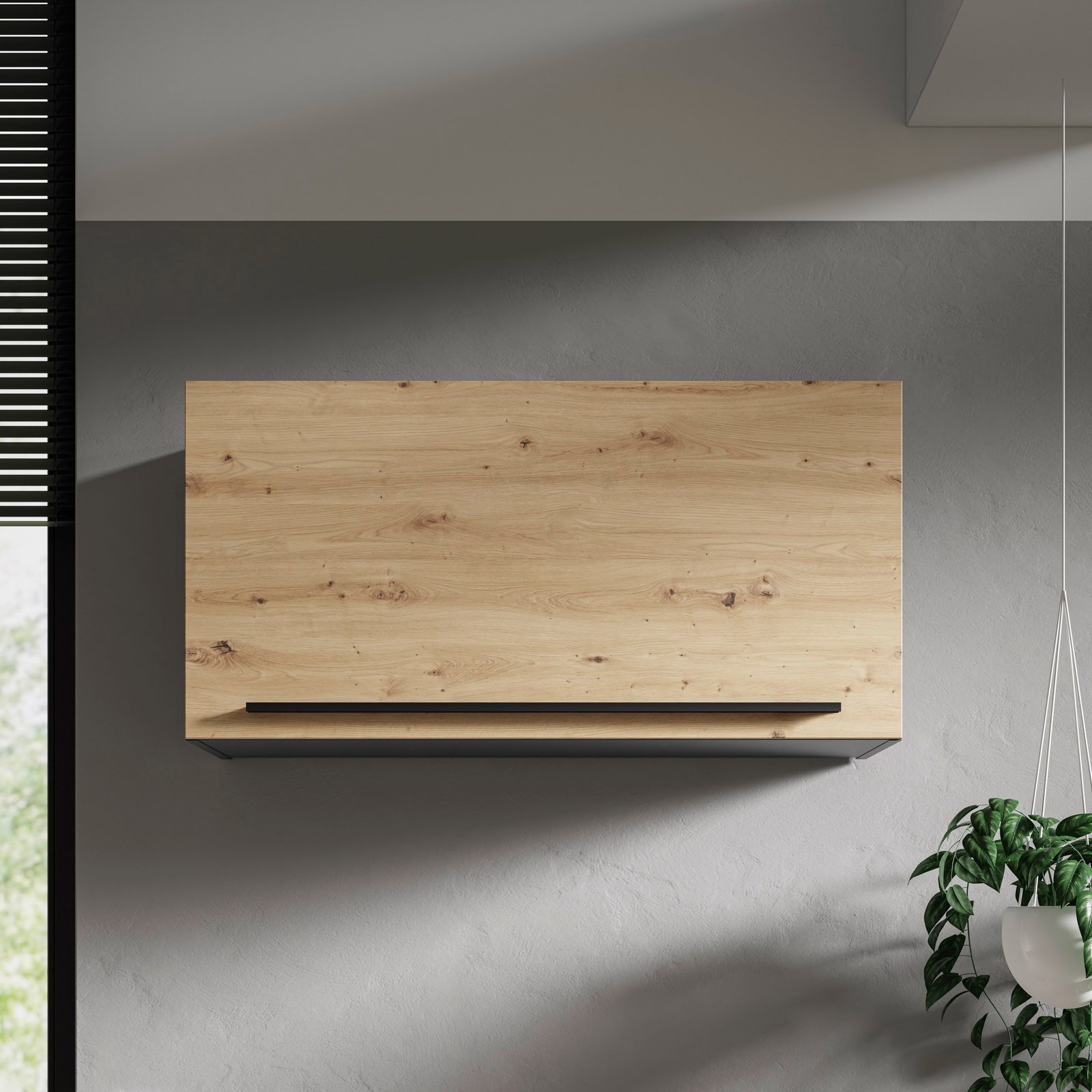 Hängeschrank aus Holz in Frontalansicht, montiert an einer grauen Wand, mit natürlicher Holzmaserung und modernem Design.