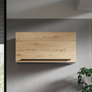 Hängeschrank aus Holz in Frontalansicht, montiert an einer grauen Wand, mit natürlicher Holzmaserung und modernem Design.