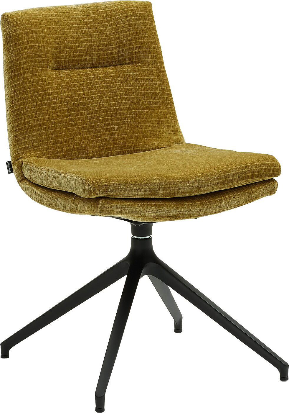 Moderner Stuhl mit senfgelbem Stoffbezug und schwarzem Metallgestell, seitliche Perspektive