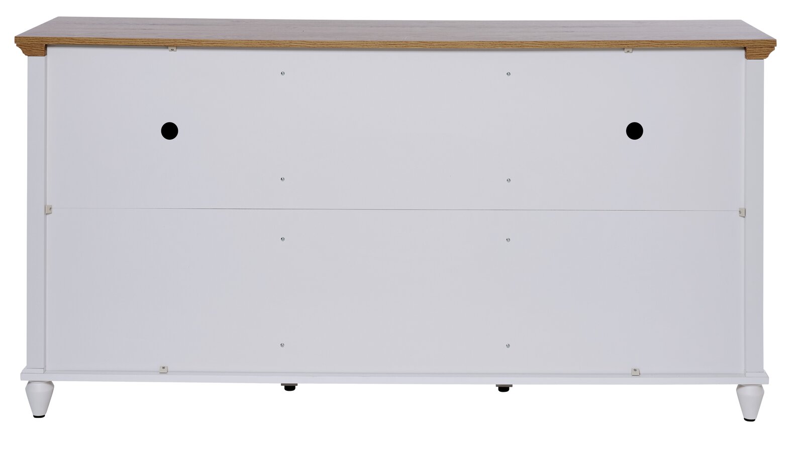 Rückansicht eines weißen Sideboards mit Holzoberfläche und runden Füßen.