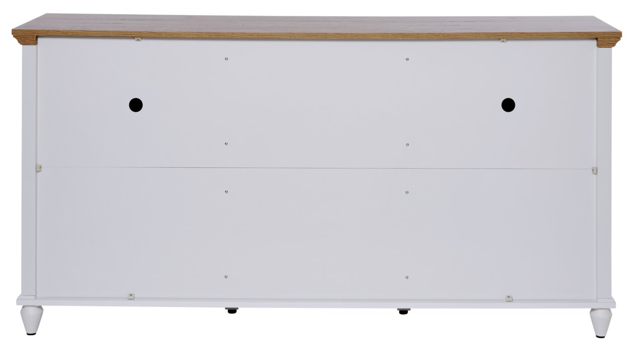 Rückansicht eines weißen Sideboards mit Holzoberfläche und runden Füßen.