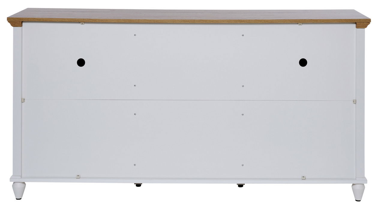Rückansicht eines weißen Sideboards mit Holzoberfläche und runden Füßen.