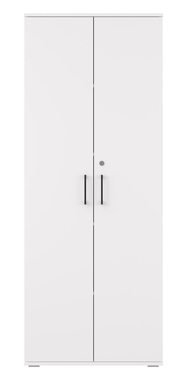 Witte, hoge kast met twee deuren, voorzien van zwarte handgrepen en een slot, gezien van voren.