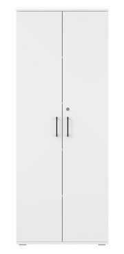 Witte, hoge kast met twee deuren, voorzien van zwarte handgrepen en een slot, gezien van voren.