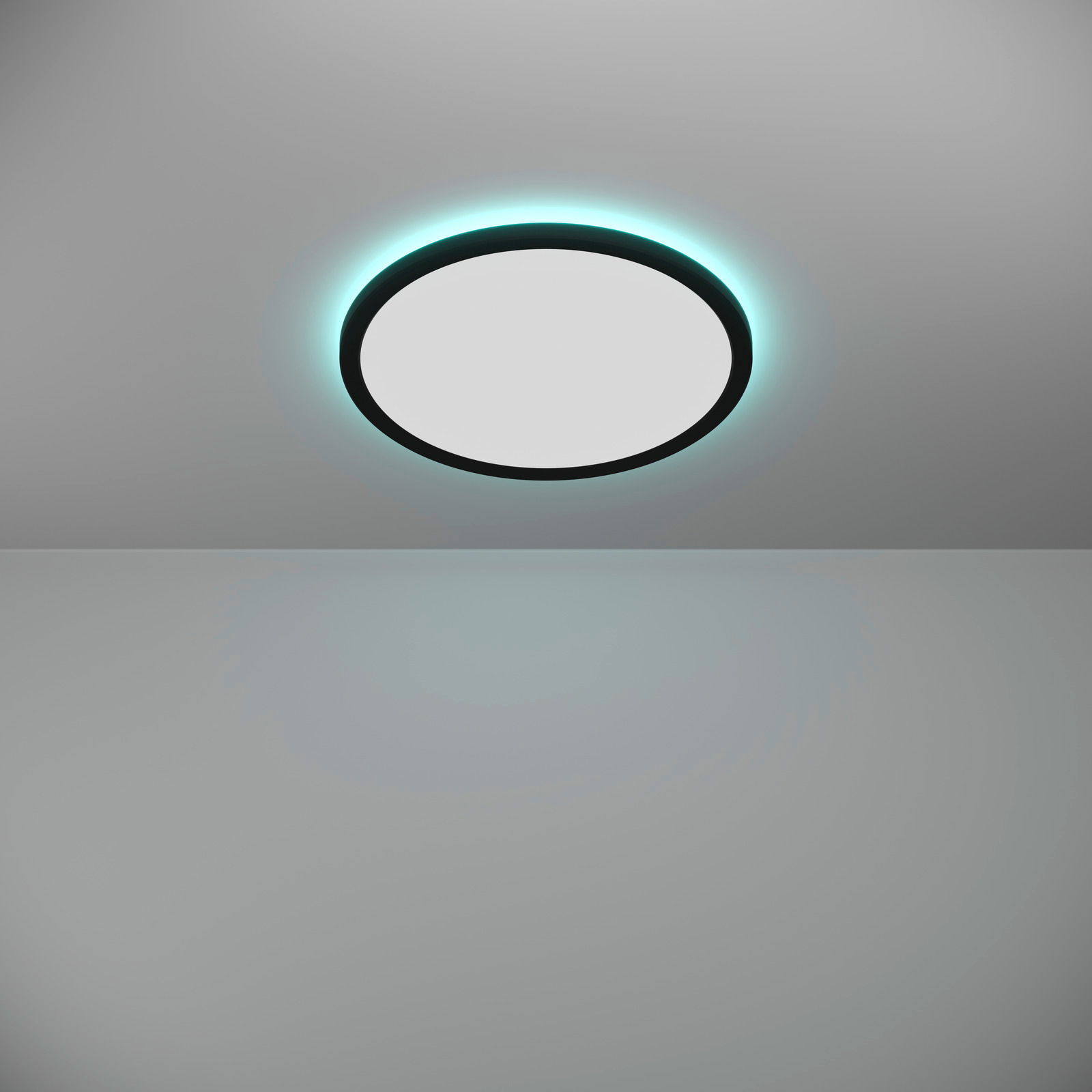 Runde LED-Deckenleuchte ROVITO-Z mit sanftem grünlichem Leuchtring, von unten betrachtet.
