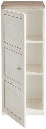 Schmaler Aktenschrank 3OH mit geöffneter Tür, zwei Einlegeböden und Holzoptik, Frontalansicht.