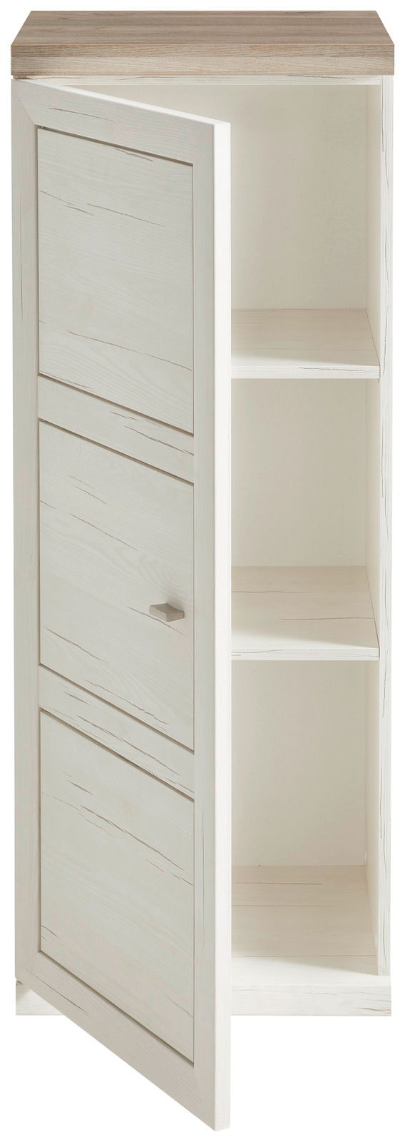 Schmaler Aktenschrank 3OH mit geöffneter Tür, zwei Einlegeböden und Holzoptik, Frontalansicht.