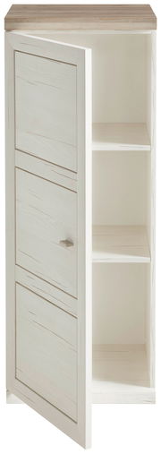 Schmaler Aktenschrank 3OH mit geöffneter Tür, zwei Einlegeböden und Holzoptik, Frontalansicht.