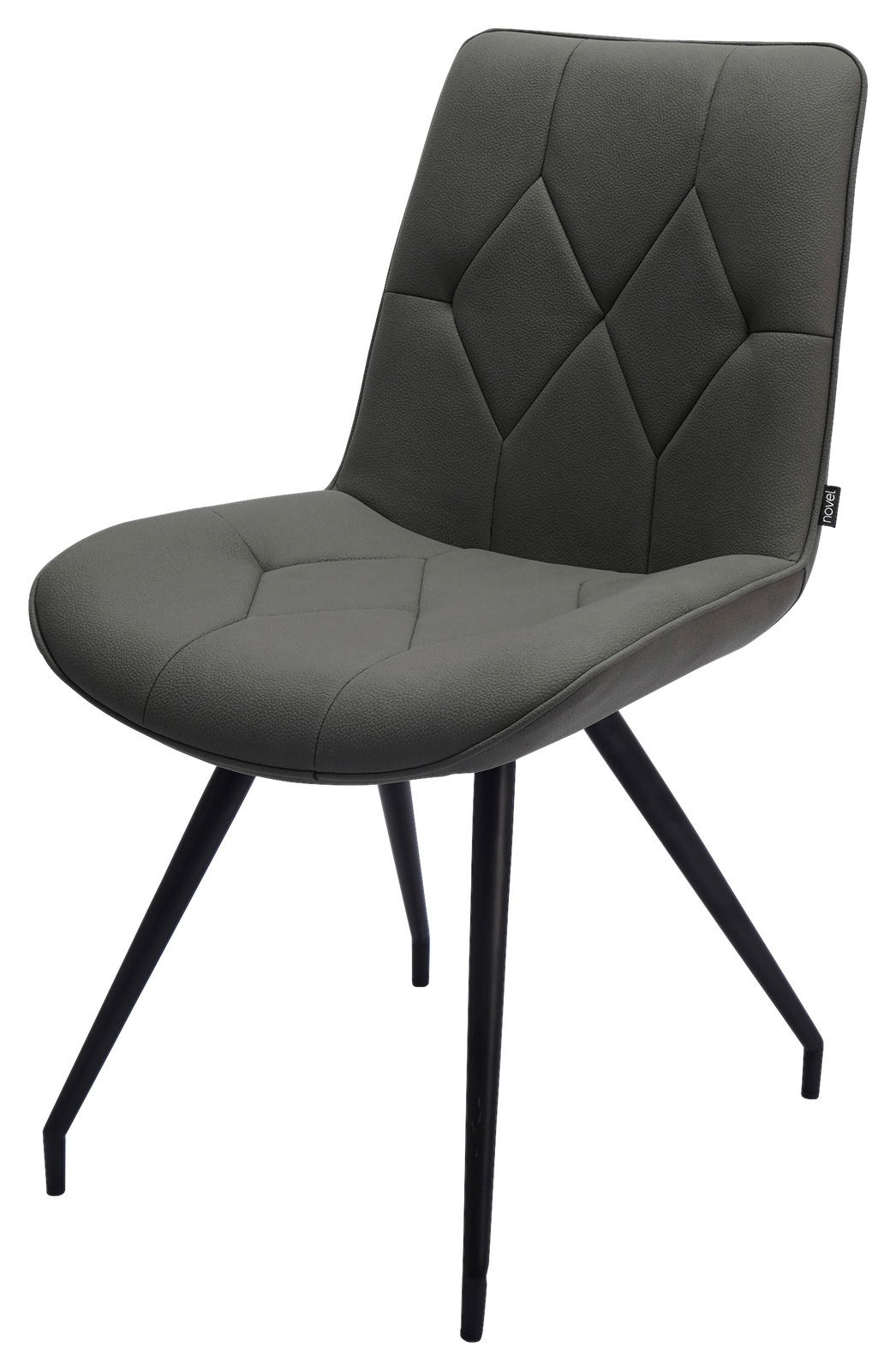 Moderner grauer Stuhl mit gepolsterter Sitzfläche und Rückenlehne, schwarzes Metallgestell, seitliche Perspektive