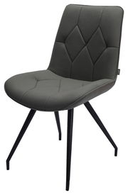 Moderner grauer Stuhl mit gepolsterter Sitzfläche und Rückenlehne, schwarzes Metallgestell, seitliche Perspektive