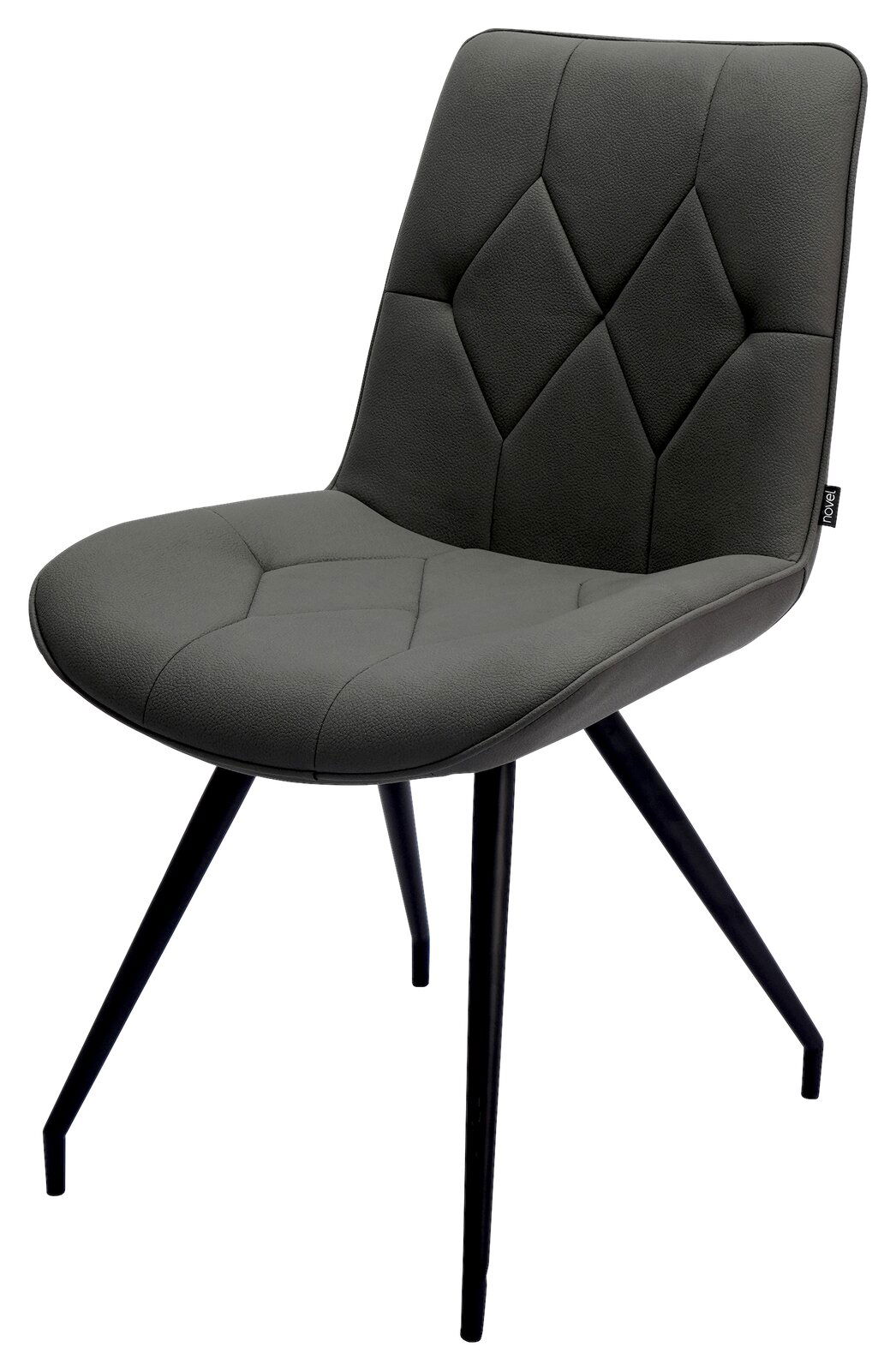 Moderner grauer Stuhl mit gepolsterter Sitzfläche und Rückenlehne, schwarzes Metallgestell, seitliche Perspektive