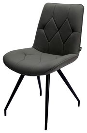 Moderner grauer Stuhl mit gepolsterter Sitzfläche und Rückenlehne, schwarzes Metallgestell, seitliche Perspektive