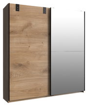 Schwebetürenschrank mit einer Holztür und einer Spiegeltür, seitliche Perspektive