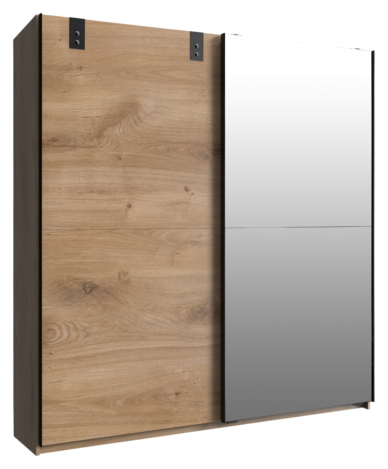Schwebetürenschrank mit einer Holztür und einer Spiegeltür, seitliche Perspektive
