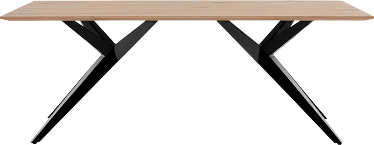 Moderner Esstisch mit Holzplatte und schwarzen Metallbeinen, seitliche Perspektive
