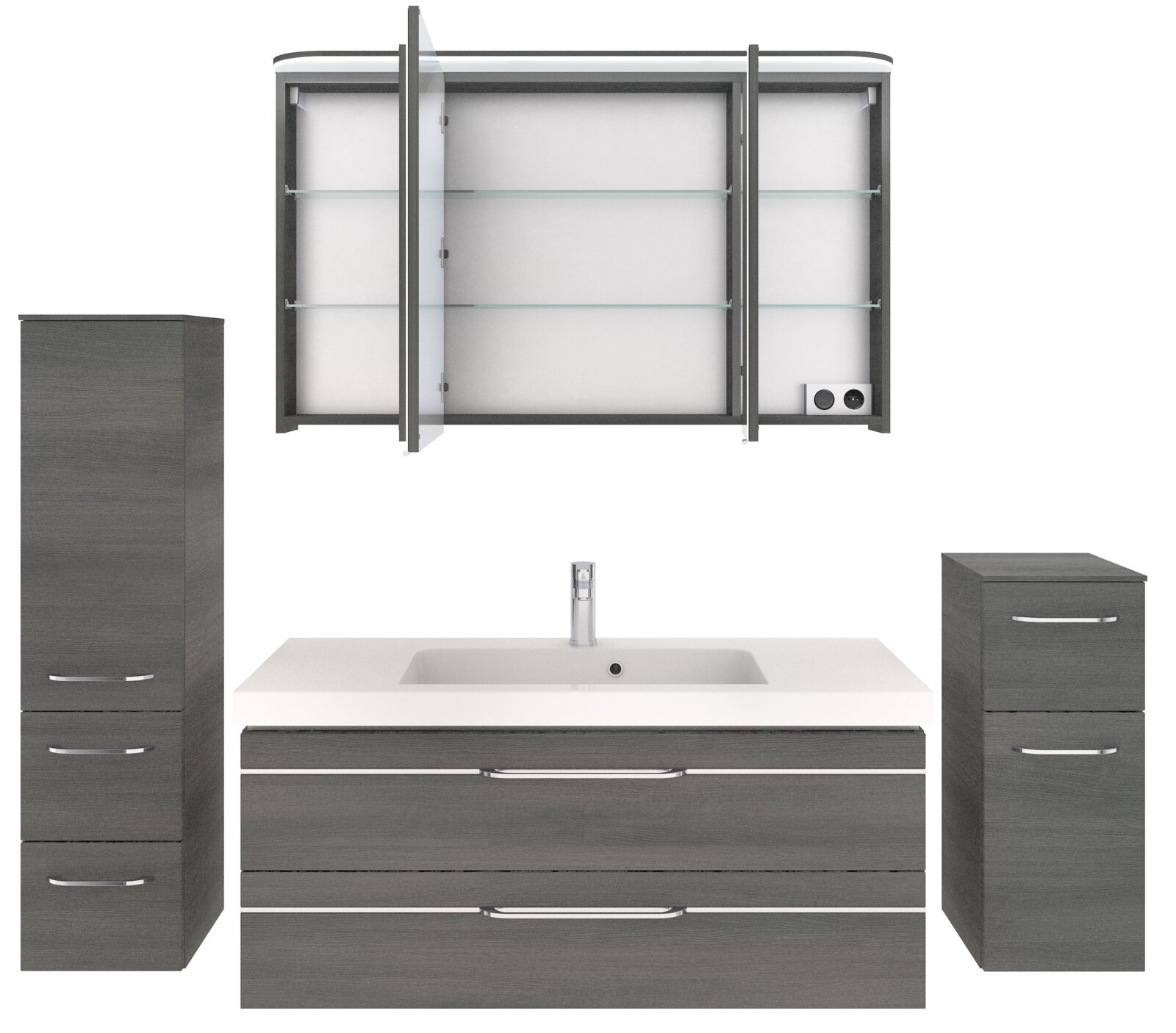 Badezimmermöbel-Set in dunklem Holzdekor, bestehend aus einem Waschbeckenunterschrank mit integriertem Waschbecken, einem hohen Schrank, einem kleineren Schrank und einem Spiegelschrank mit geöffneten Türen. Frontalansicht.
